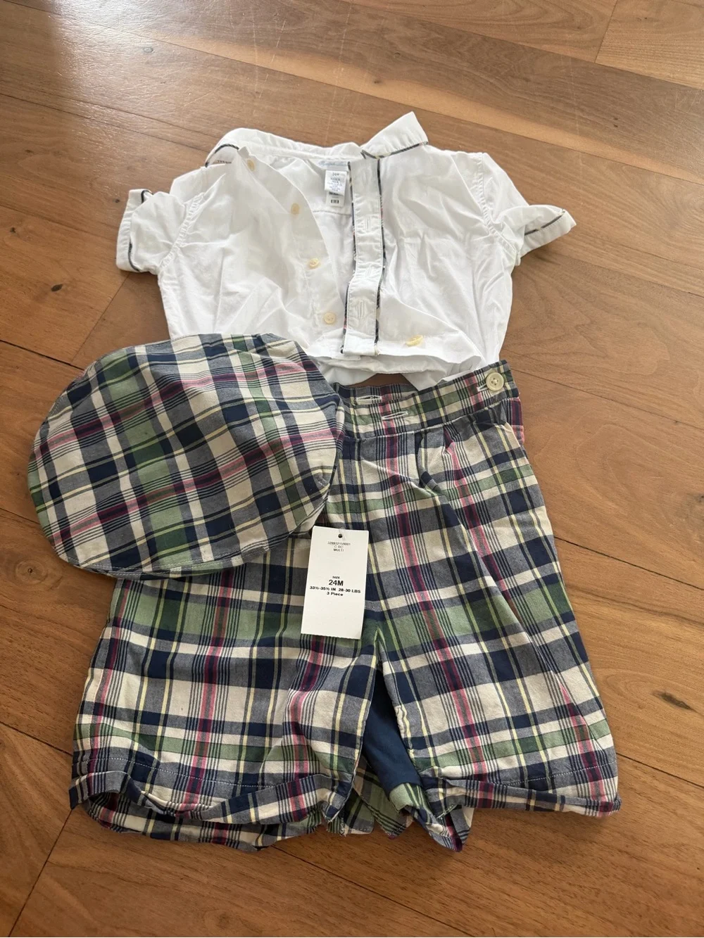 Ralph Lauren White Shirt with Navy, Green & Cream Plaid Shorts and Cap